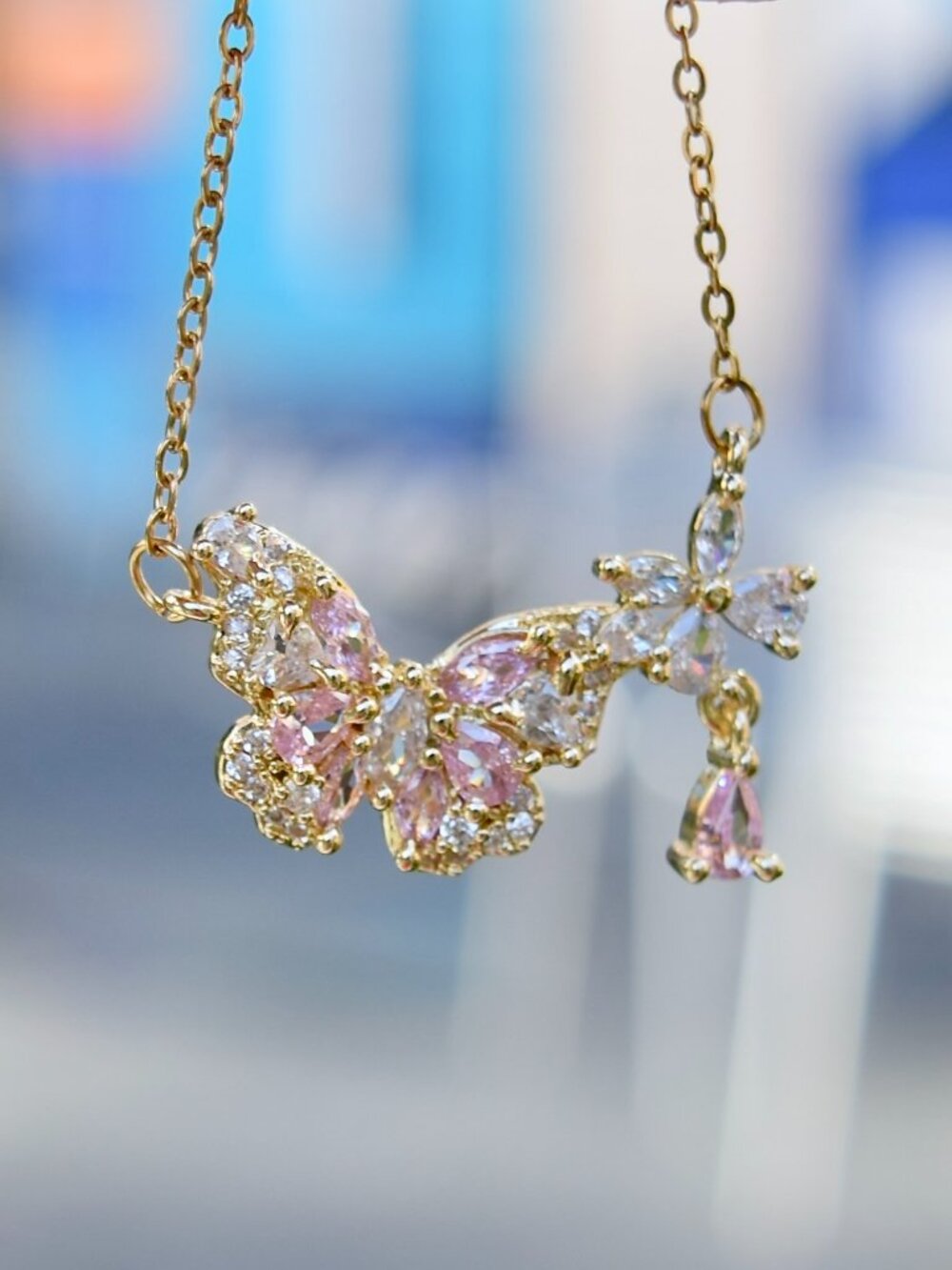 Princess Icy Pink Butterfly Charm Necklace - Stainless Steel Chain